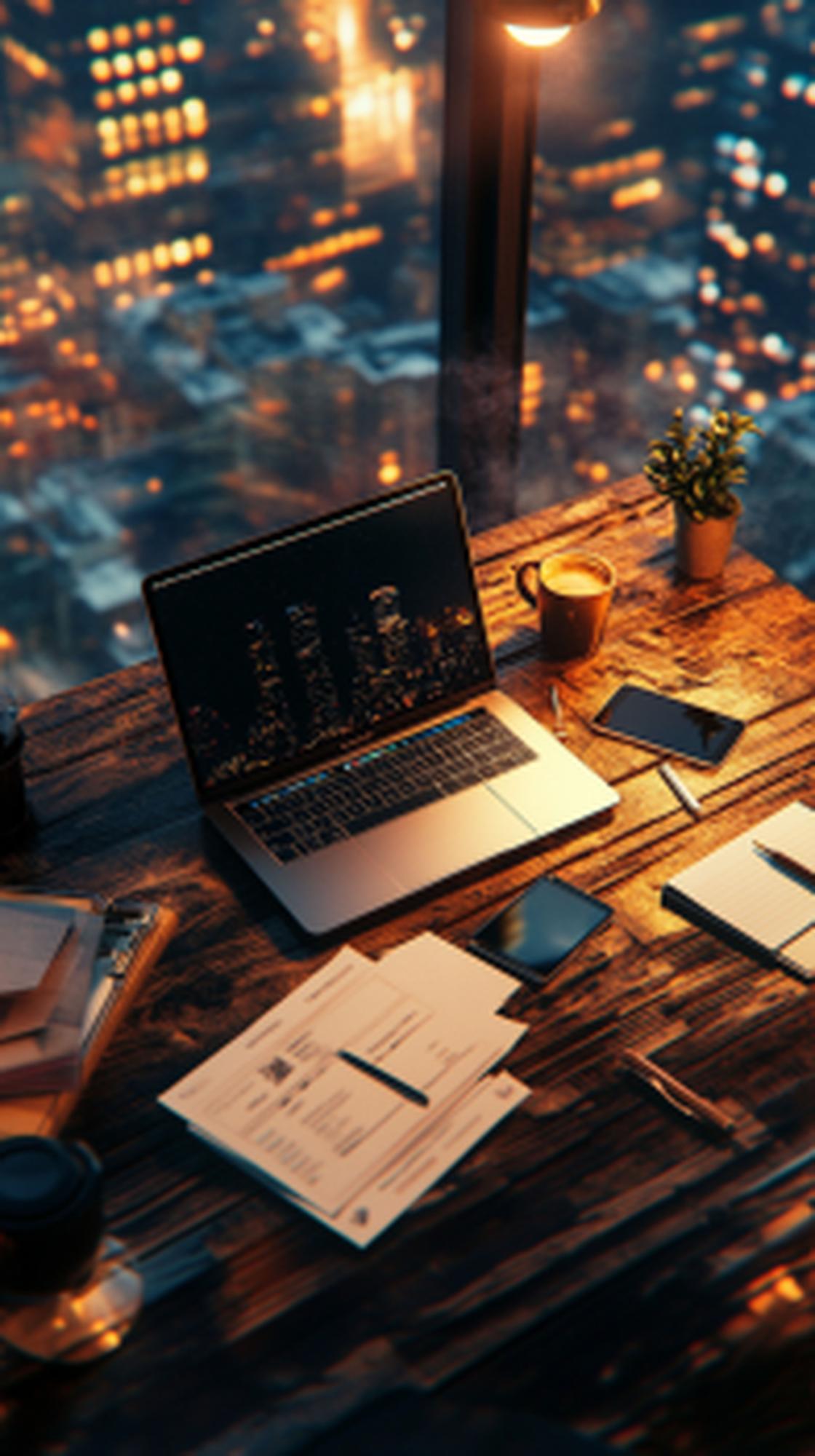 Desk cu laptop, contracte și planuri financiare